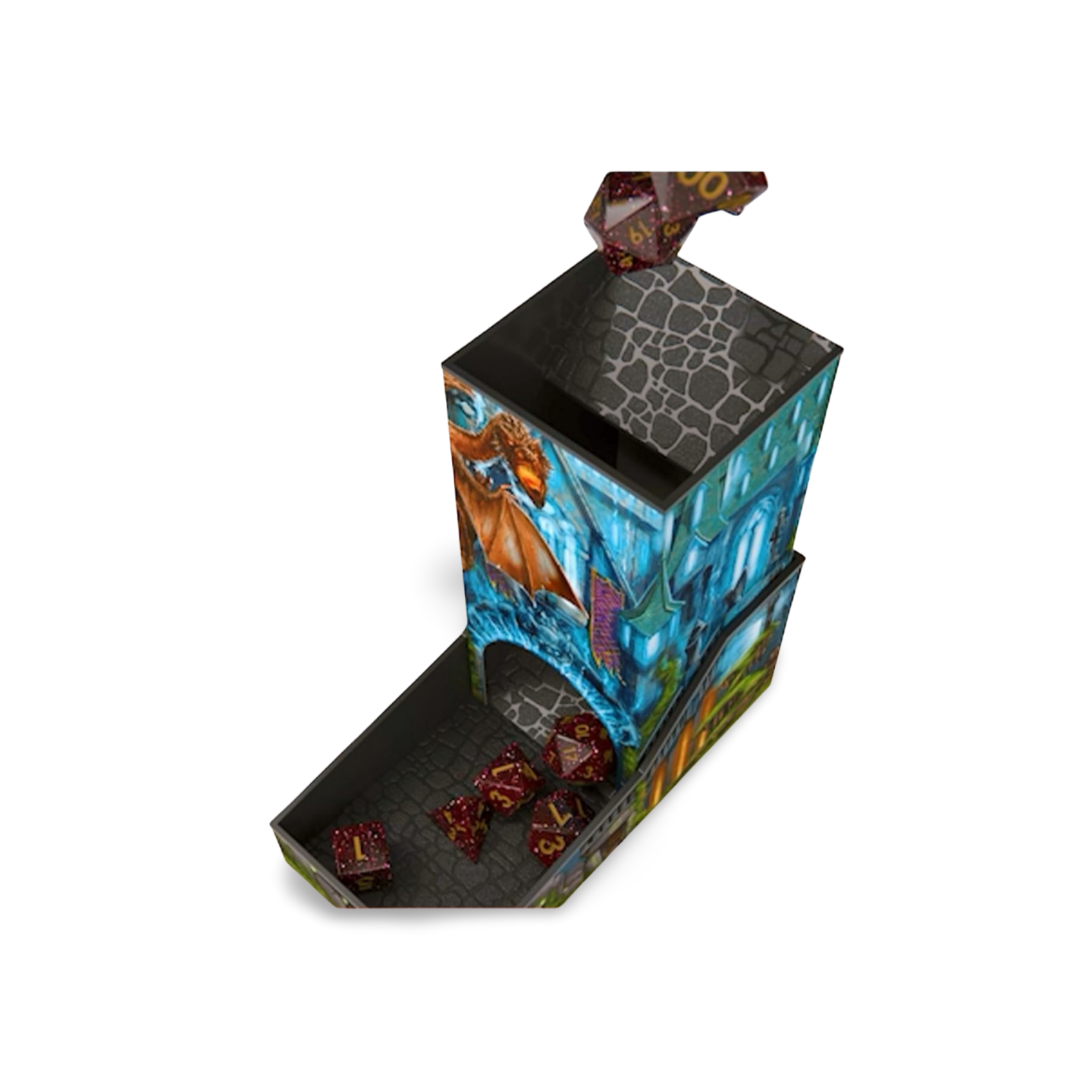 Campaign Dice Tower & 7 Polyhedral Dice Set Portable RPG Rolling Station