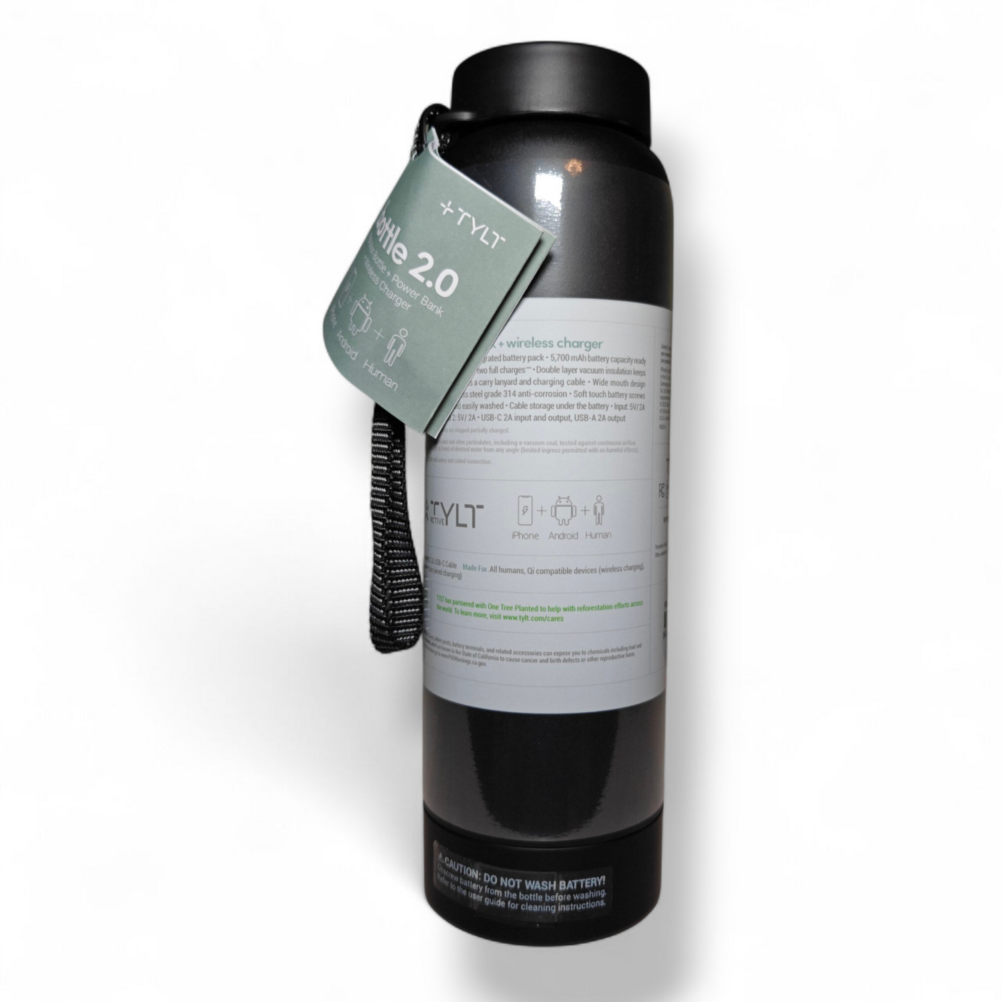 TYLT Power Bottle 2.0 | 24oz Insulated Water Bottle with 5700mAh Magnetic Power Bank