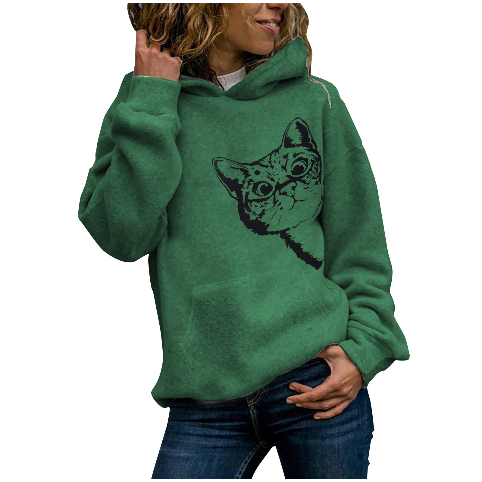 Cozy Chic Cat Pattern Hooded Sweater for Women - Slim Fit Fleece-Lined Leisure Hoodie - Ricky's Garage