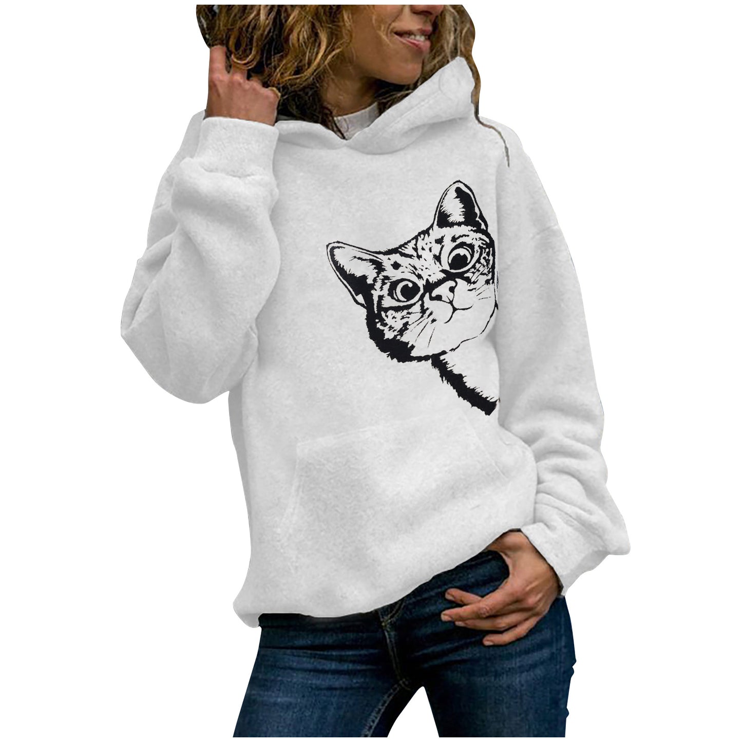 Cozy Chic Cat Pattern Hooded Sweater for Women - Slim Fit Fleece-Lined Leisure Hoodie - Ricky's Garage