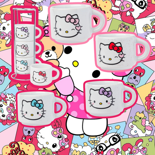 Hello Kitty Espresso Mug Set: 4pc Stackable Ceramic Mugs with Rack - Official Sanrio Merchandise - Ricky's Garage