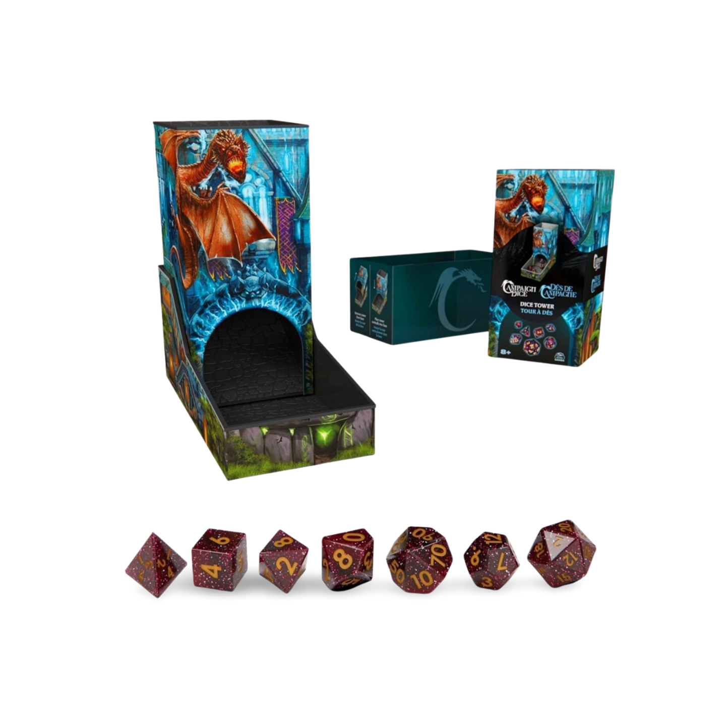 Campaign Dice Tower & 7 Polyhedral Dice Set Portable RPG Rolling Station