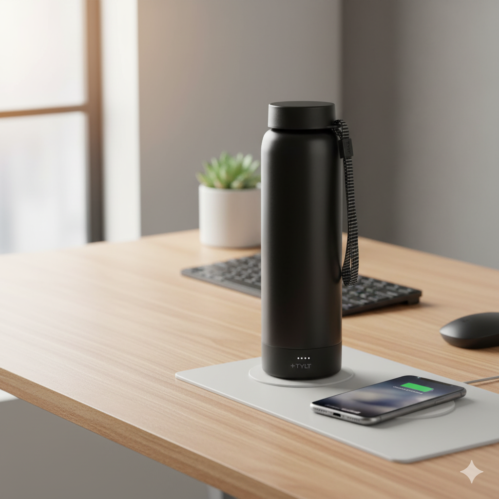 Black insulated bottle on a desk with a smartphone and wireless charger