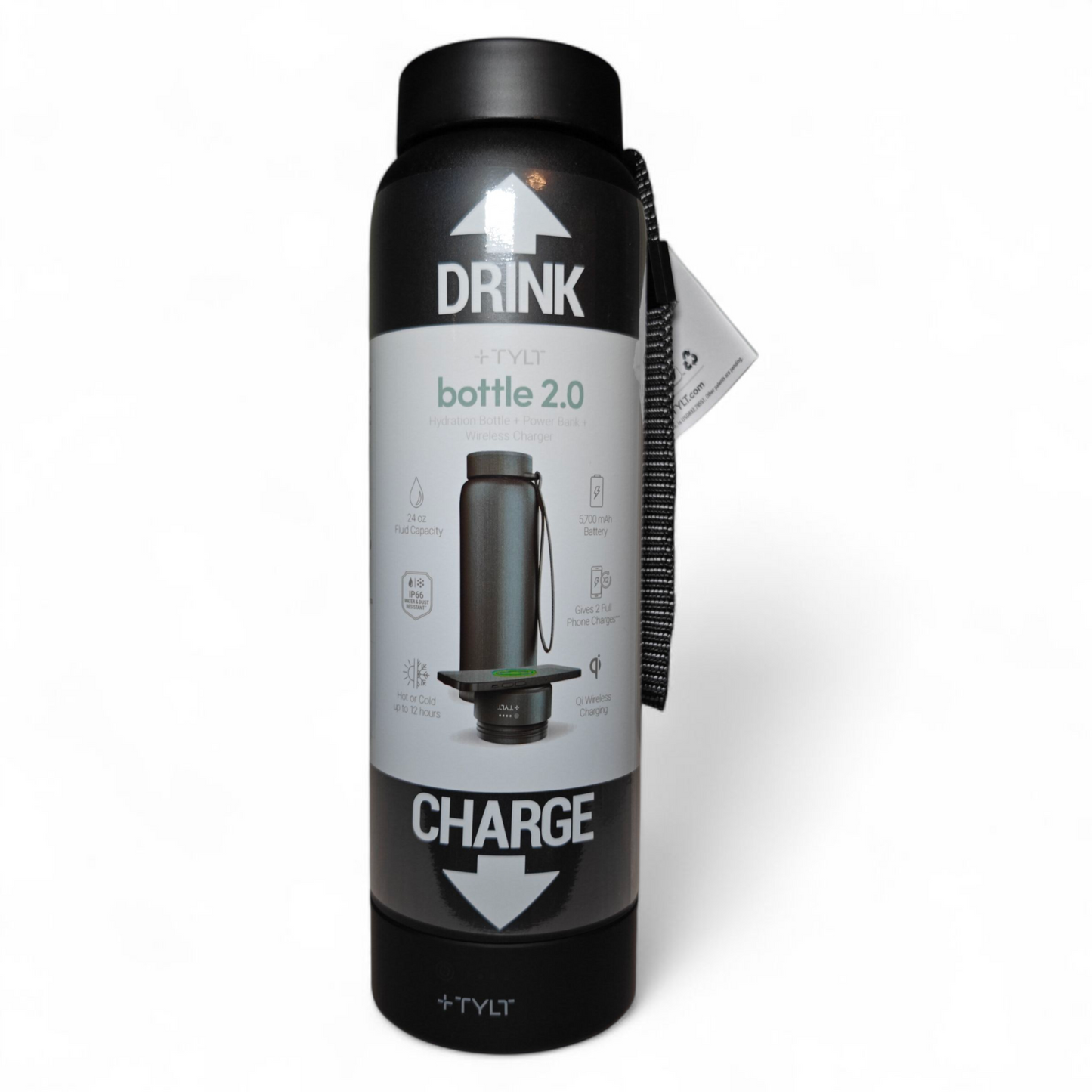 TYLT Power Bottle 2.0 | 24oz Insulated Water Bottle with 5700mAh Magnetic Power Bank
