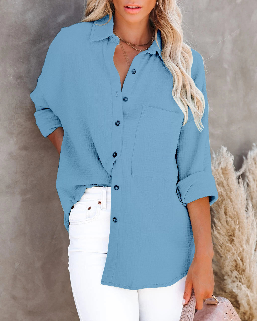 Simple Long Sleeve V Neck Button Ladies Cotton Linen Shirt Women's Clothing - Ricky's Garage