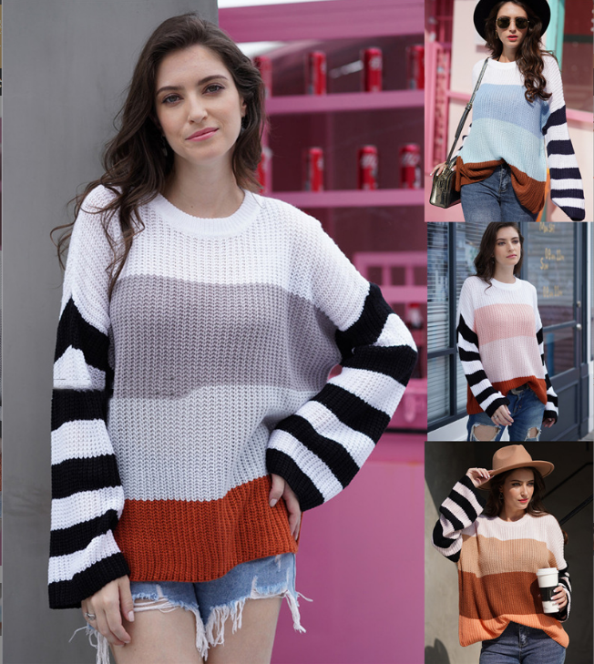 Women's Color Stitching Knit Pullover Loose Sweater - Ricky's Garage